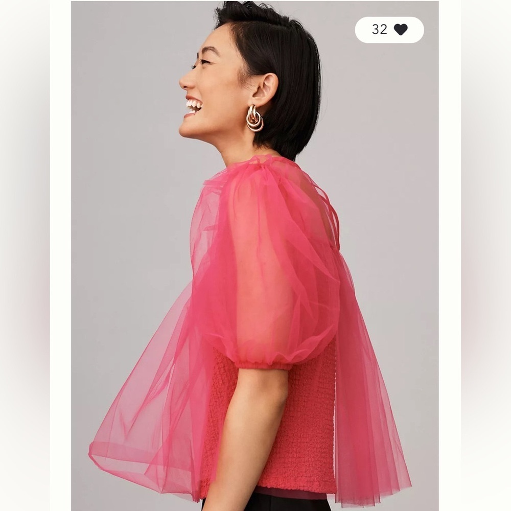 Anthropologie Nuuly Pink Sheer Puff Sleeve Top